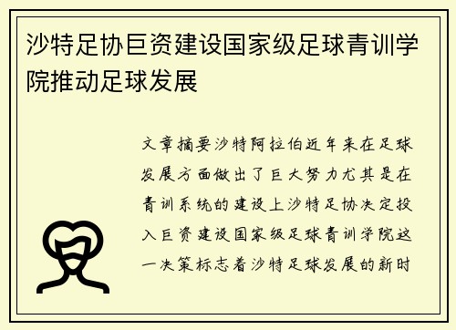 沙特足协巨资建设国家级足球青训学院推动足球发展 沙特足协巨资建设国家级足球青训学院推动足球发展